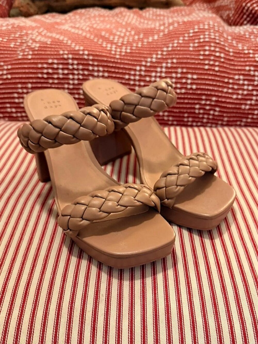 A New Day Beige Chunky Heel Braided Square Toe Sandals 9